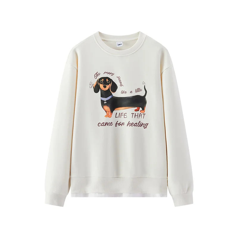 Semir Women Sweatshirt Fleece Lined Layered Look Dog Graphic Mid Length Urban Casual Style 2026 Winter Warm Layer Everyday Wear