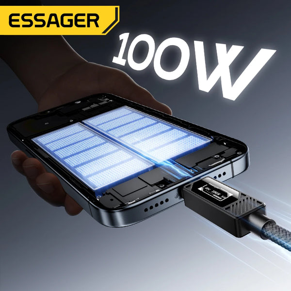ខ្សែសាក Essager 100W USB Type C PD 5A សាកលឿនសម្រាប់ iPhone17 16 15 14 Pro Max Macbook iPad Samsung Huawei អេក្រង់ឌីជីថលខ្សែ