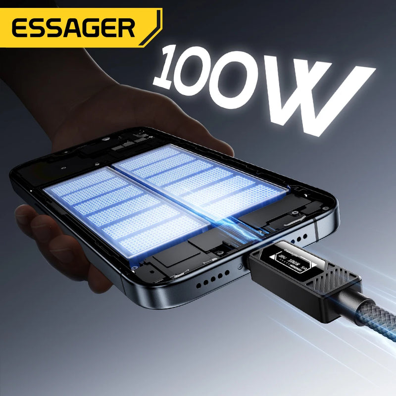 ខ្សែសាក Essager 100W USB Type C PD 5A សាកលឿនសម្រាប់ iPhone17 16 15 14 Pro Max Macbook iPad Samsung Huawei អេក្រង់ឌីជីថលខ្សែ