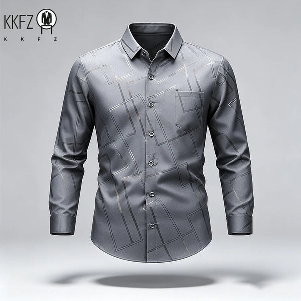 Mens Slim Long Sleeve Dress Shirt Soft Silky Fabric Classic Turn Collar Button Placket Daily Working Casual Outfit