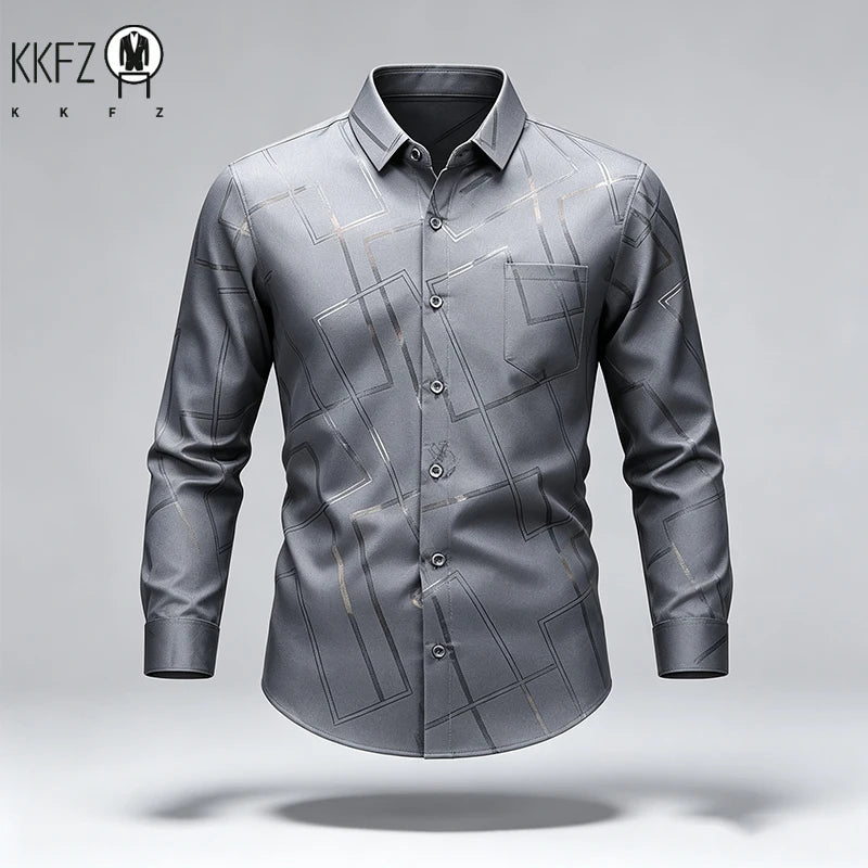 Mens Slim Long Sleeve Dress Shirt Soft Silky Fabric Classic Turn Collar Button Placket Daily Working Casual Outfit