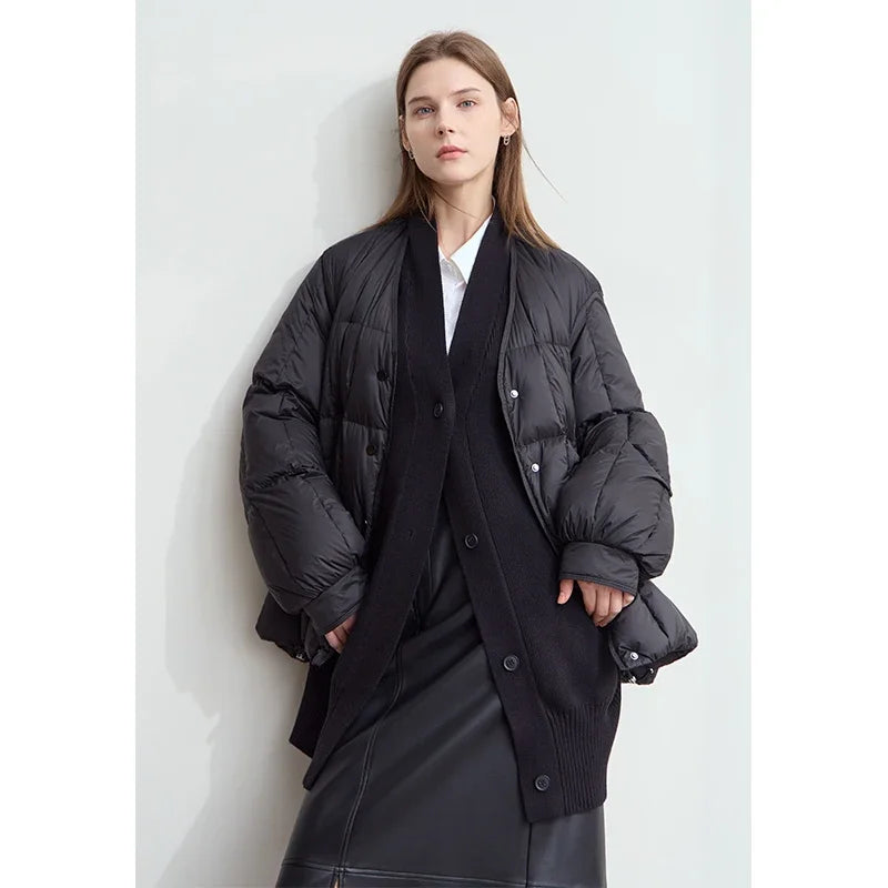 AMII 2026 Winter New Women's Shoulder Sleeves Thickened Collision Material Splicing Wool Fake Two-piece Down Jacket 12444054