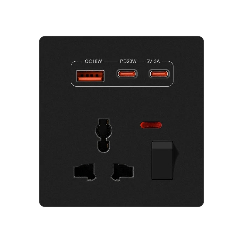 Universal 3/5Pin Smart Socket With 20W Fast Charging Type-C Port,UK Plastic Electrical Wall Double USB Power Outlet AC 110V-250V