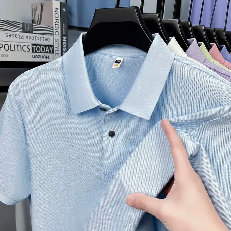 Men 100% Mercerized Cotton Polo Shirt Solid Short Sleeve Casual Business Tops Odor Resistant Premium 205g Summer