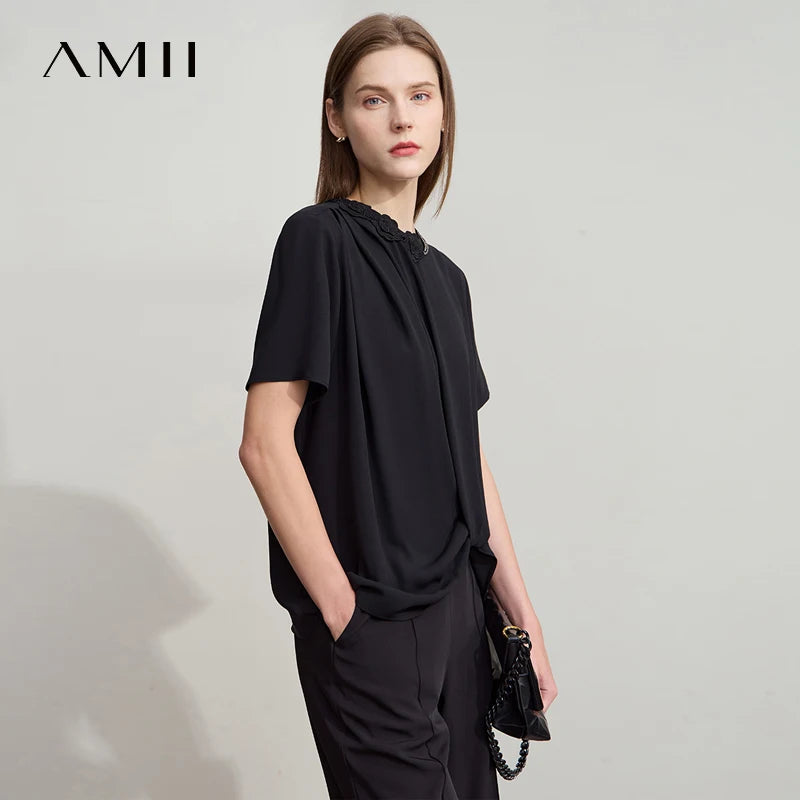 អាវ Amii Minimalist Premium Chiffon សម្រាប់នារី រដូវក្តៅ ឆ្នាំ២០២៥ កមូល អាវការិយាល័យ រចនាផ្កា ខ្សែសង្វាក់រំយោល ពណ៌តែមួយ 12542251
