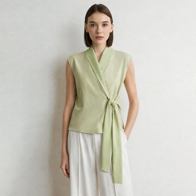 Amii Elegant Women's Blouse 2026 Summer New V-Neck Sleeveless Chiffon Top Satin Spliced Office Flowy Shirt For Women 12642213
