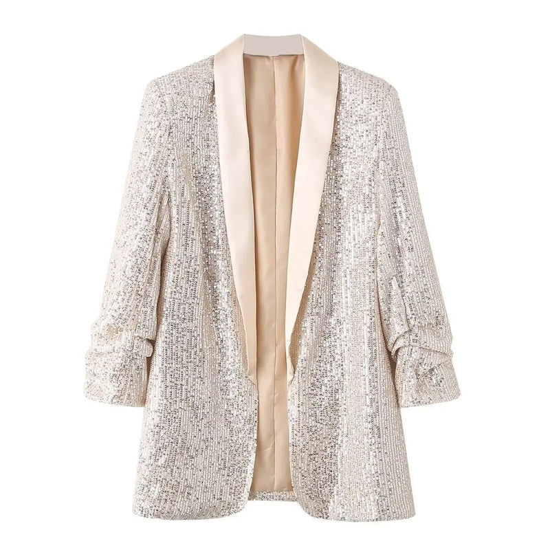 New Arrivals: Apricot-colored Women's Long-sleeve Cardigan; Jacket with Gold Circular Sequin Embellishments.