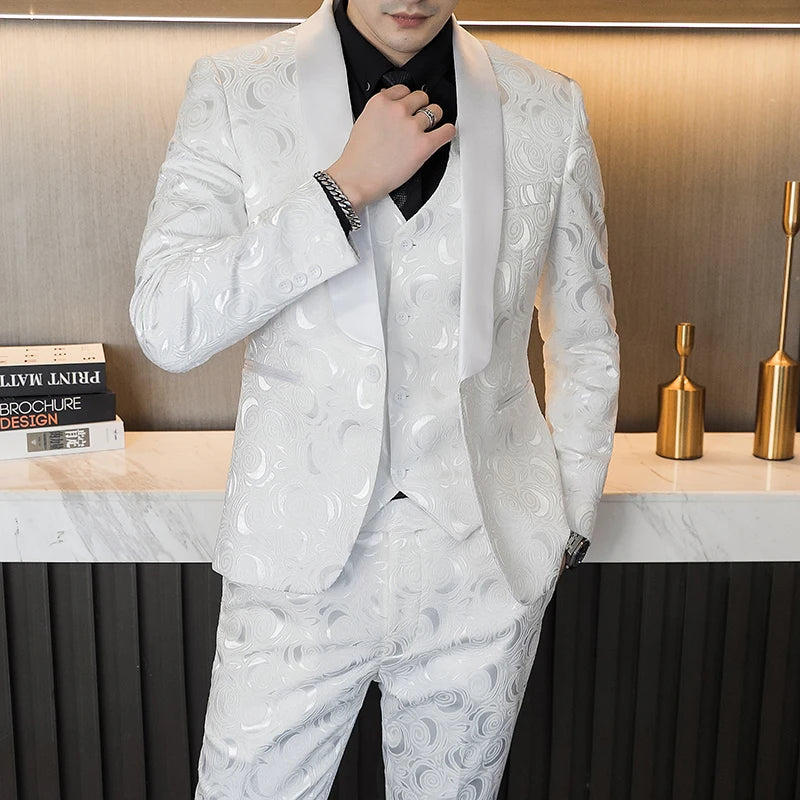 Luxury Men's Black Rose Pattern Suit 3-Piece, White Wedding Party Dress Jacket and Vest with Trousers, Asian Size M-6XL.
