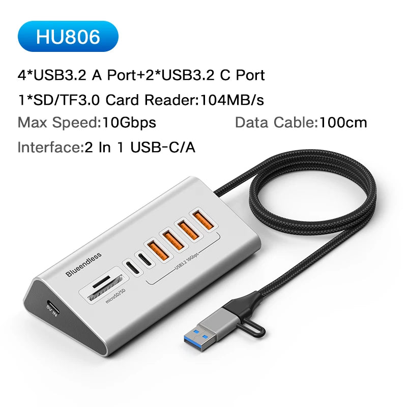 ស្ថានីយ៍ចត HUB អាលុយមីញ៉ូម Blueendless 10Gbps USB3.2 Gen2 4/10 រន្ធ USB-C USB-A ប្រភេទ C ឧបករណ៍បំបែកសម្រាប់កុំព្យូទ័រកុំព្យូទ័រយួរដៃ macbook