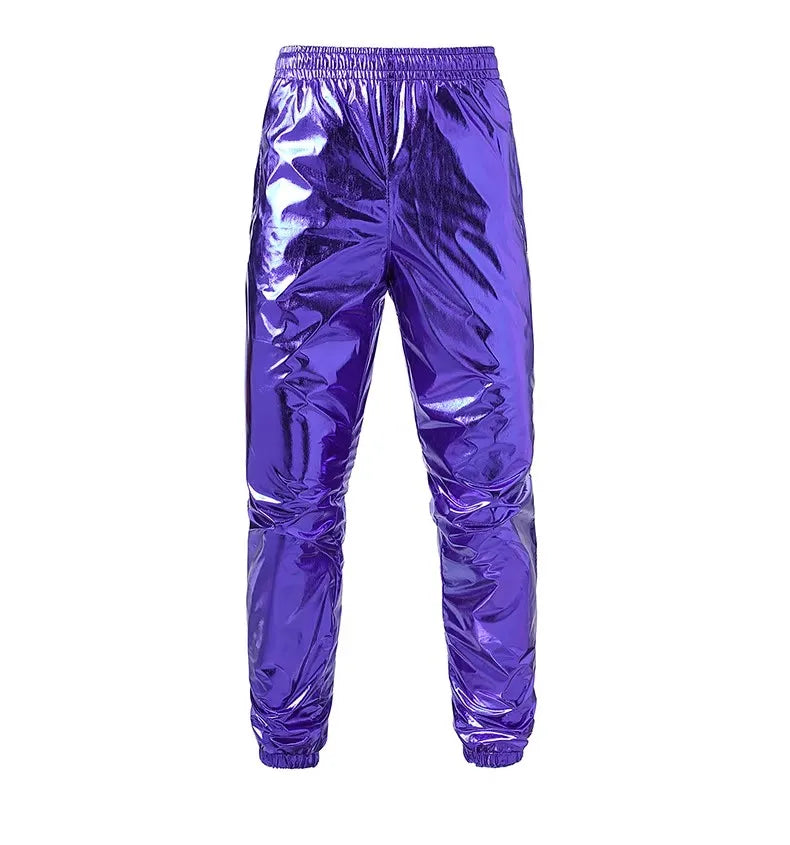 Gold Mens Pants, Elastic Waist Casual Trousers, Silver Fashion Loose Straight Leg Pant, Great for Dance Performances