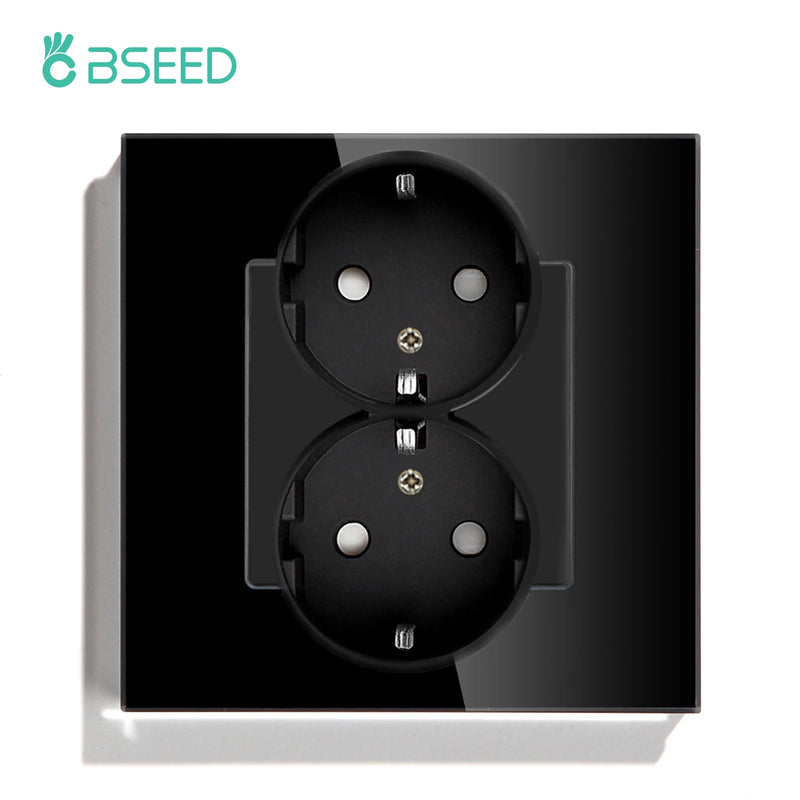BSEED EU Standard Wall Sockets Single Powerful Outlets Black Double Frame Sockets Glass Panel Triple Sockets Kids Protection 16A