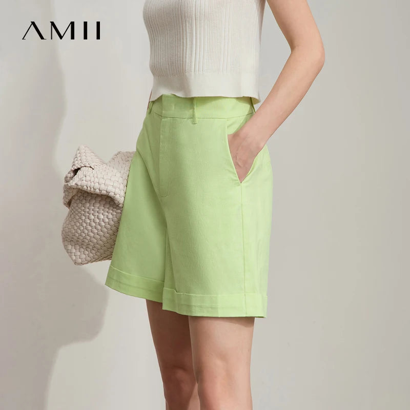 ខោខ្លីរដូវក្តៅថ្មីរបស់ Amii Minimalist សម្រាប់ស្ត្រី ខោរលុង ខោកប្បាស ក្រណាត់លីនីន បត់ដៃអាវ ខោខ្លីសម្រាប់ធ្វើដំណើរ 12542107