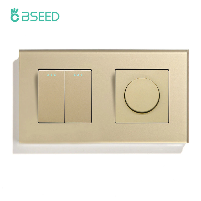 BSEED Mechanical Wall Light Switches 1/2/3Gang 1Way Plus Dimmer Switch Led Dimmable Switch EU Standard Glass Frame 10A