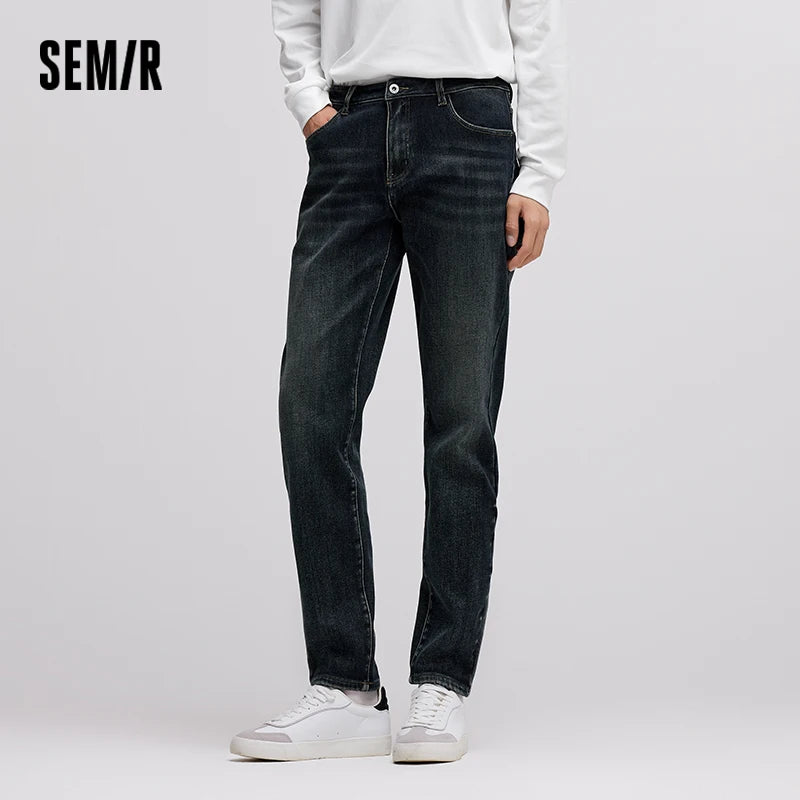 Semir Men Jeans Fleece Lined Stretch Skinny Fit Whisker Wash 2026 Vintage Commuter Warm Slim Urban Casual Denim Trousers
