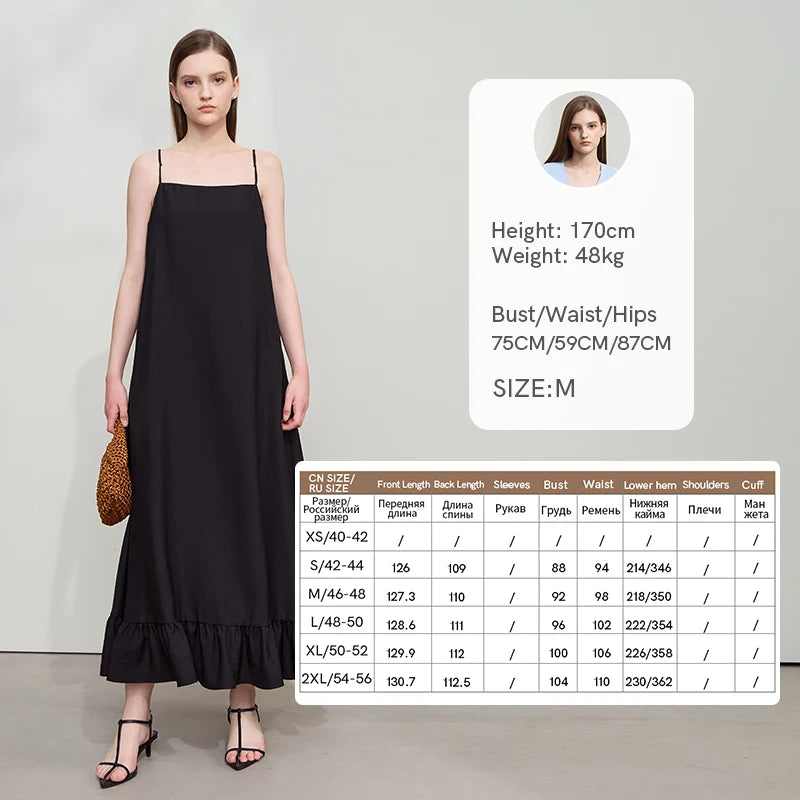 AMII Minimalist Vacation Lyocell Dresses 2026 Summer Beach Women Clothing Party Suspender Lotus Edge Long Black Dresses 12542159