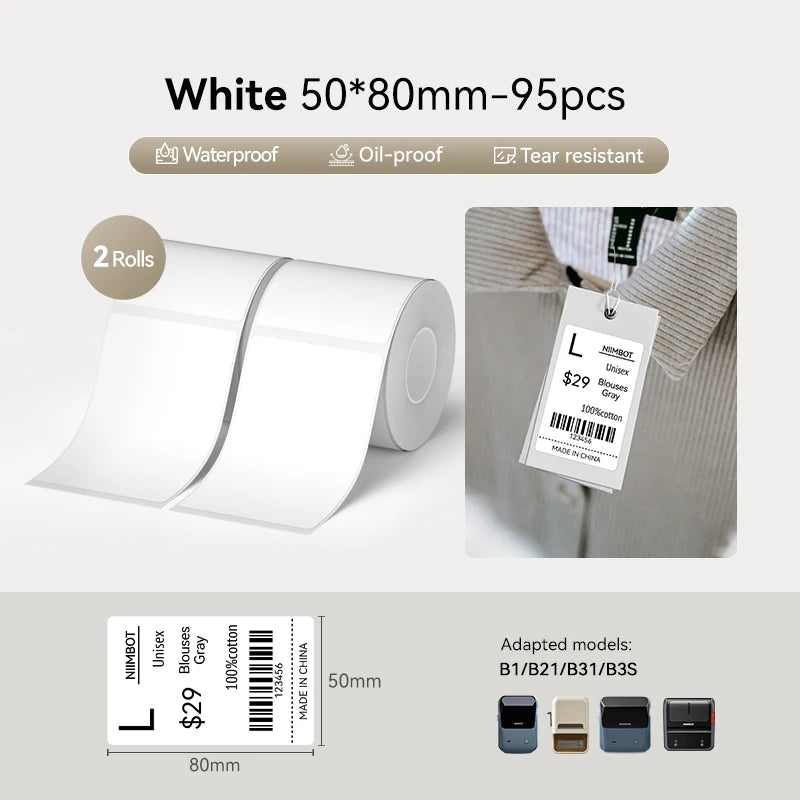 2 Rolls NIIMBOT B1 B21 B3S Thermal Label Clothing Price Food Self-adhesive Tag Waterproof Office Pocket Printer Label Paper