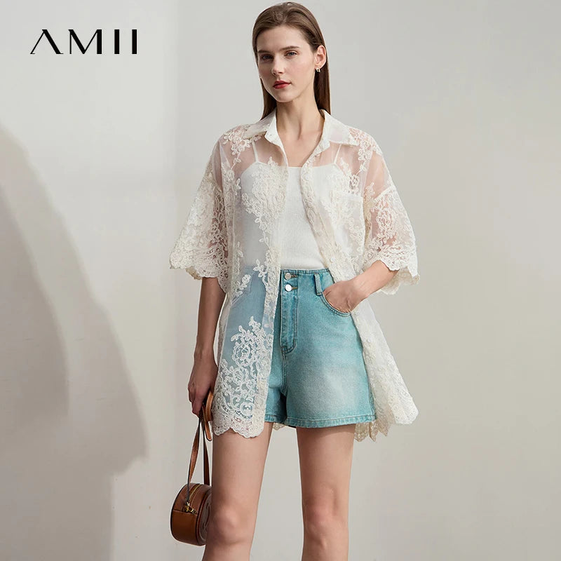 អាវ ការិយាល័យ នារី AMII សាមញ្ញ បំផុត បោះពុម្ព សម្រាប់ នារី រដូវក្តៅ ឆ្នាំ២០២៥ ដៃខ្លី កអាវ បត់ ចុះ ក្រោម អាវ រលុង ម៉ូដ សម្រាប់ នារី 12542155