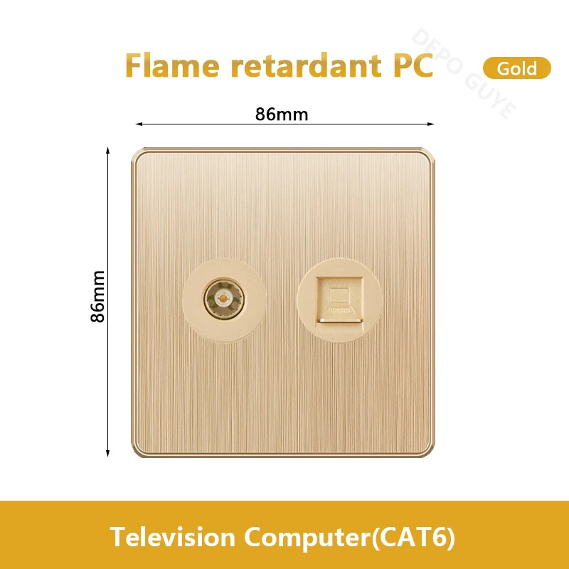 Gold Universal 3/5Pin Plastic Power Socket,UK Wall Outlet With 2.1A Dual USB Port,220V Electrical 2way Switch TV Computer CAT6