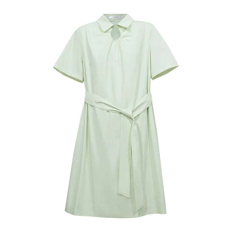 Amii Women's Dress 2026 Summer New Lapel Collar With Belted Short Sleeve Cotton Office Casual Shift Dress For Women 12622142