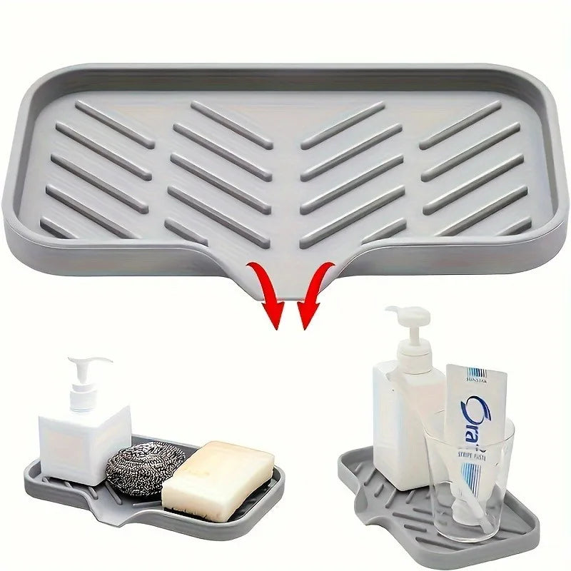1pc Silicone Kitchen Sink Organizer Tray, Soap Dish Holder With Drain Tip,Water-Resistant Countertop Storage Accessory.