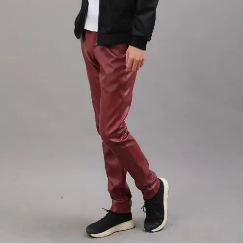 2026 Bright Green Men's Biker Leather Pants, Fashion Slim Stretch PU Pants Red Blue Black Gray Men Pant Plus Size 28-36 38 40