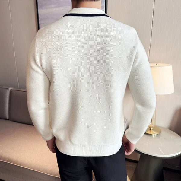 Men's Half Zip Polo Neck Knit Sweater, Color Block Design, Thick Winter Pullover, Business Casual High Collar Jumper