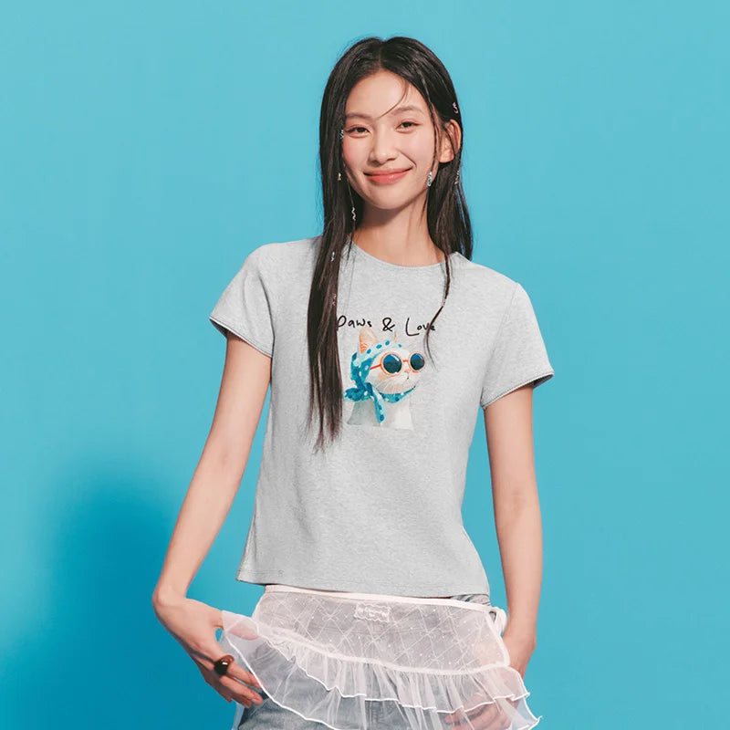 Semir Womens Tshirt 2026 Printed Slim Ruffle Edge Cute Petite Style Fashion Casual Daily Wear
