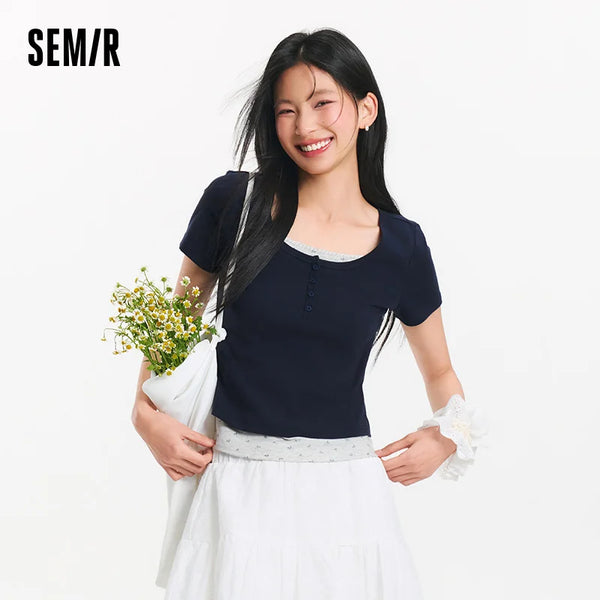 អាវយឺតស្ត្រី Semir ឆ្នាំ ២០២៦ ខ្លីក្លែងក្លាយពីរដុំ ផ្កា ស្ដើង ស្មាធម្មតា កធំ ផ្អែម