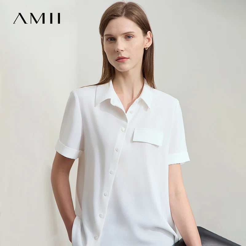 អាវ យឺត ការិយាល័យ នារី AMII ដៃខ្លី សម្រាប់ រដូវក្ដៅ ឆ្នាំ២០២៥ អាវ យឺត កអាវ មិន ស្មើគ្នា សម្រាប់ នារី 12542219