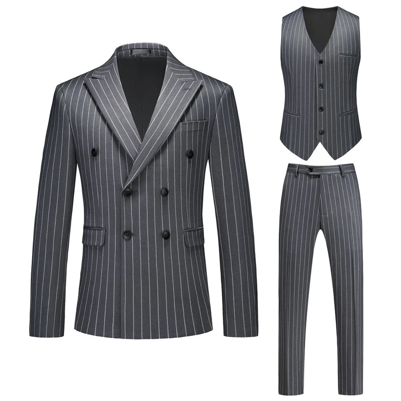 Men's Black-White Striped Plaid Suit 3-Piece, Wedding Party Dress Jacket and Vest with Trousers, Asian Sizes Red Slim Fit Sets.