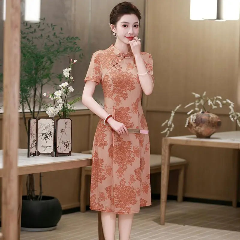 រ៉ូប Cheongsam រដូវក្តៅ កអាវផ្កាបាក់ សម្លៀកបំពាក់នារី រ៉ូបចង្កេះរាងអក្សរ A បែបចិនបុរាណ