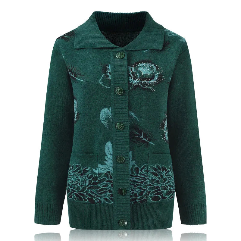 Fdfklak Middle-Aged Elderly Women Knitted Lapel Cardigans Mother Printed Buttons Sweater Spring Autumn Grandma's Clothes