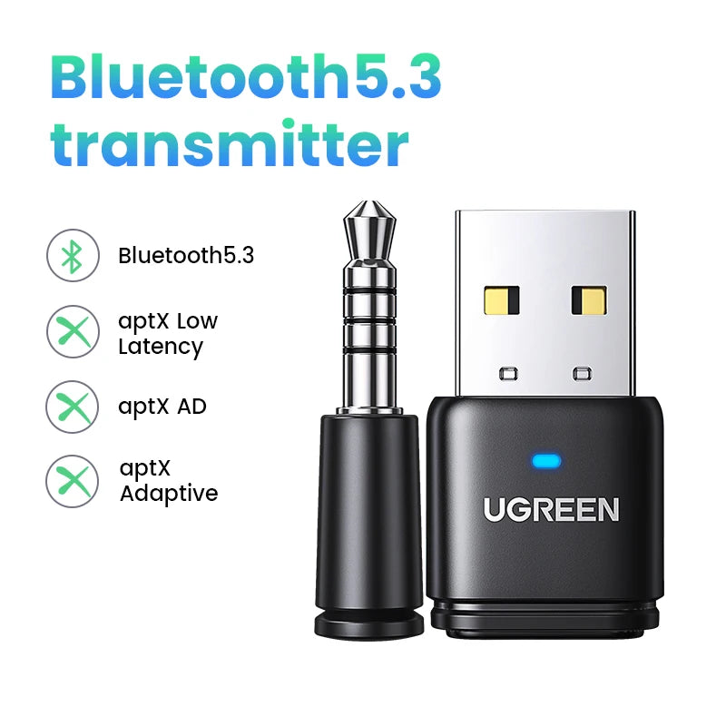 UGREEN USB Bluetooth 5.3 Transmitter aptX HD AD Audio Adapter for PS5 PS4 Nintendo Switch Headset Speaker Mic Bluetooth Receiver