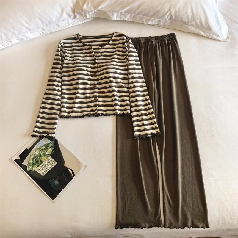 Women's Pajamas Chest Pads Spring Autumn Pure Cotton Korean Striped Long-sleeved Trousers Sets Outside Sleepwear Home Suit