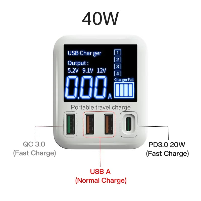 ឆ្នាំងសាក USB 40W សាកថ្មលឿន ឧបករណ៍សាកថ្មទូរស័ព្ទសម្រាប់ធ្វើដំណើរ PD QC USB C ឆ្នាំងសាកសម្រាប់ iPhone 13 12 Xiaomi Huawei Samsung