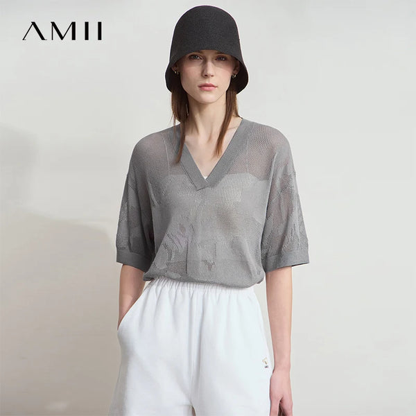អាវយឺតប៉ាក់ Amii សម្រាប់នារី 2026 រដូវក្តៅថ្មី ក V ដៃអាវពាក់កណ្តាលប្រហោង ម៉ូដថ្មីសម្រាប់នារី អាវស្តើងរលុង 12552019