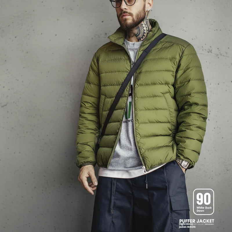 Maden Winter Men's Stand-up Collar Down Jacket Lightweight Hydrophobic White Duck Down Filling Coat Warm Inner Layer for Fall