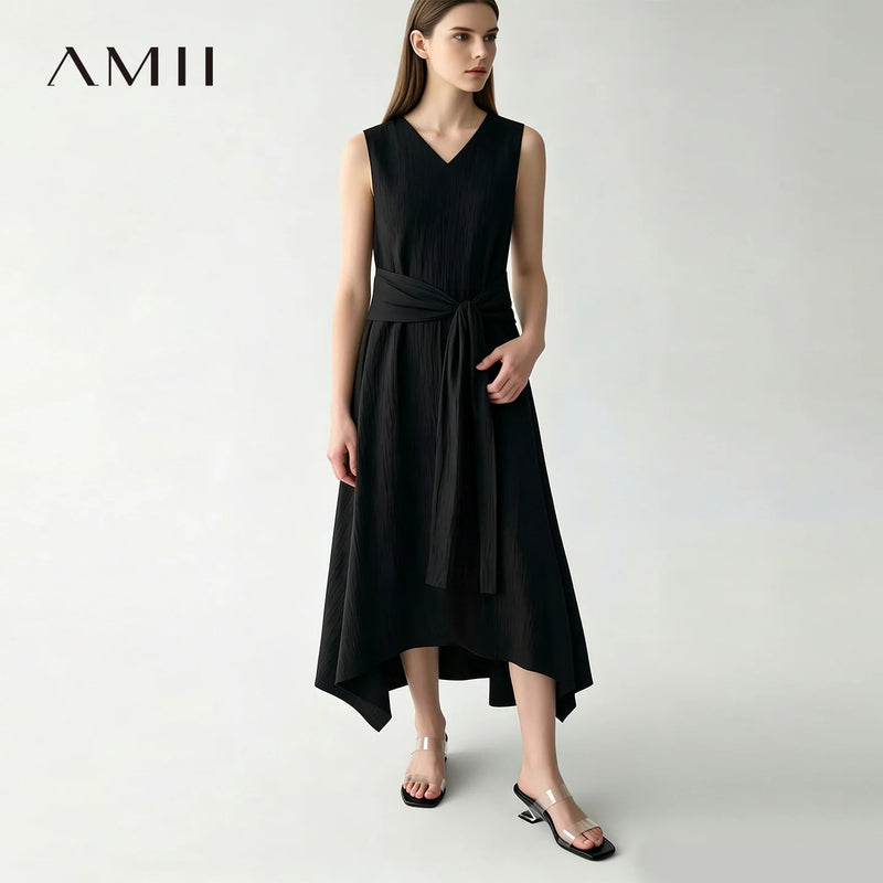 Amii 2026 Summer New Women Sleeveless Dress A-Line V-Neck Tie Waist Crinkled Texture Asymmetrical Hem Casual Midi Dress 12652074