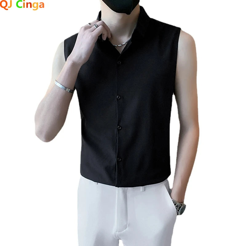 Summer Men's Black Sleeveless Shirt, Fashionable Slim White Shirts, Single Breasted Lapel Summer Top Camisas Para Hombre