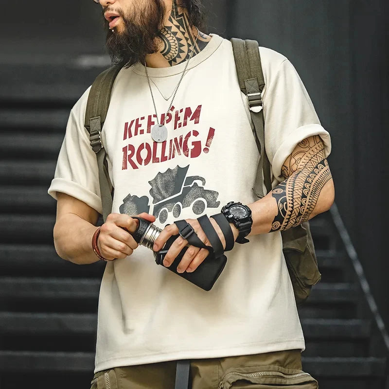 Maden Maden Summer Men's Beige Short Sleeve T-Shirts Vintage Graffiti Letter Car Print Tees Heavyweight Casual  Tops for Men
