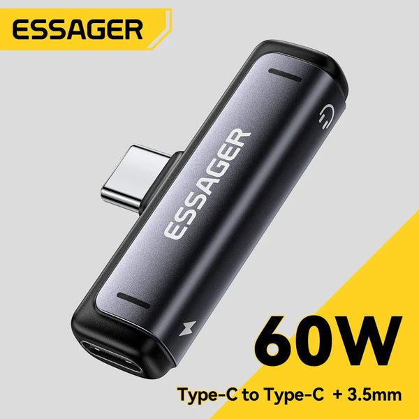 ឧបករណ៍សាកថ្ម និងអូឌីយ៉ូ Essager 2-in-1 USB Type C ទៅ 3.5mm ឧបករណ៍បម្លែងអូឌីយ៉ូ Aux សម្រាប់កាសស្តាប់ត្រចៀក 60W សម្រាប់ MacBook iPhone Xiaomi