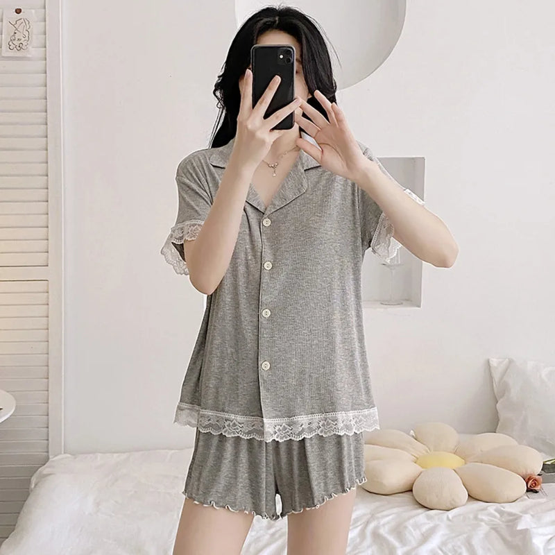 New Summer Pajamas Chest Pad Pink Sleepwear Short Sleeve Nightwear 2 Pieces Set for Woman Loungewear Sleep Lounge Wear Pijama