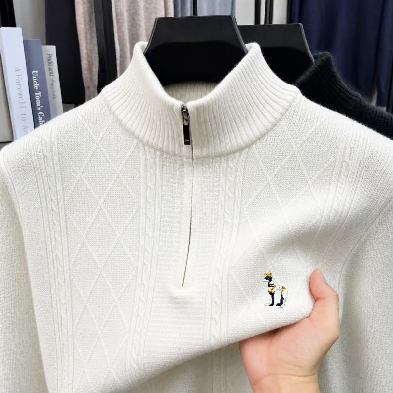 Trend Men's Long-Sleeved Knitwear Mock Neck Zipper Exquisite Pattern Embroidery Autumn Winter New Pullover Leisure Mens Clothing