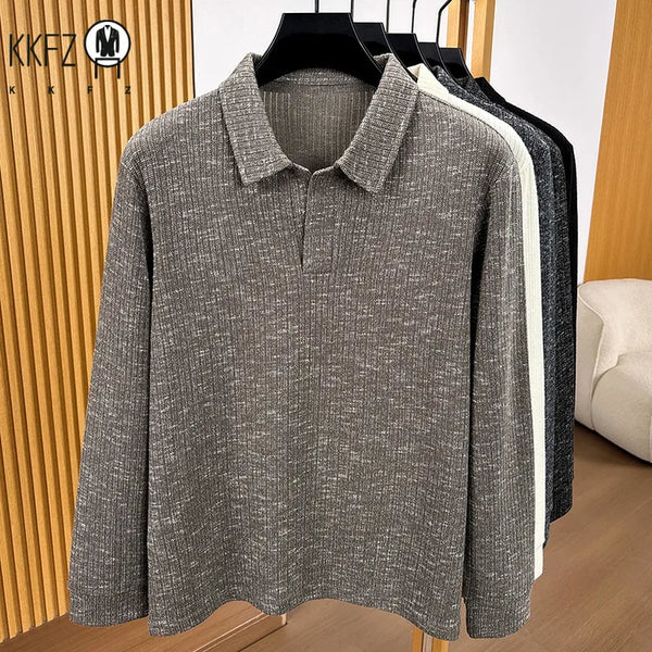 Premium Mens Knitted Polo Long Sleeve Tops Fine Rib Texture Stretch Fabric Turn Collar For Daily And Business Occasions