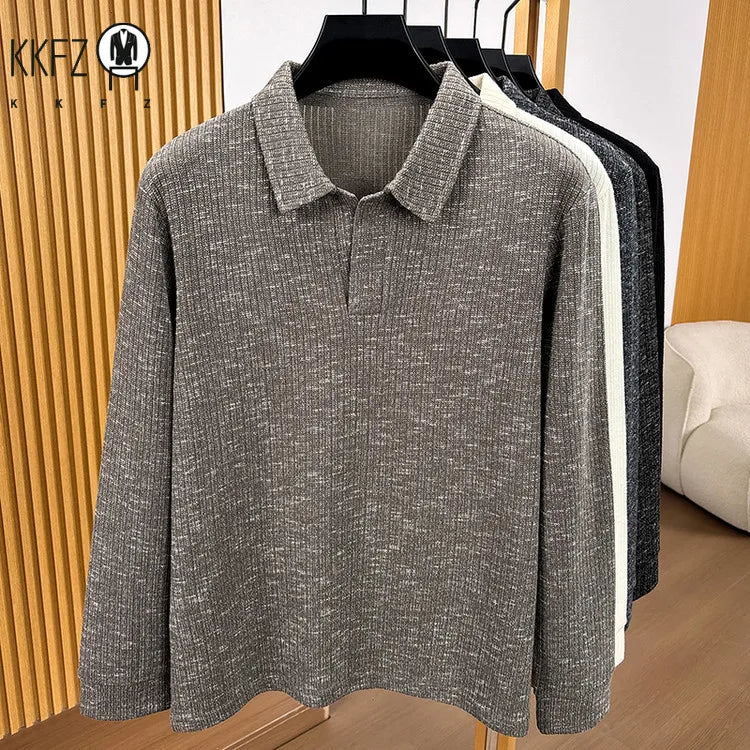 Premium Mens Knitted Polo Long Sleeve Tops Fine Rib Texture Stretch Fabric Turn Collar For Daily And Business Occasions
