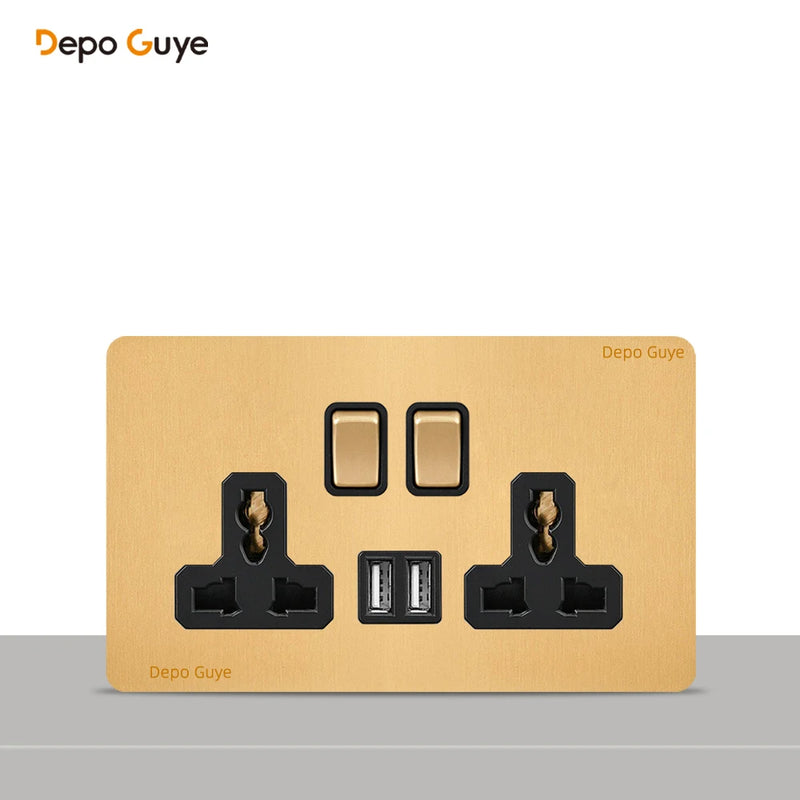 146 Type Retro Metal Panel UK 13A Wall Socket,Bronzed Stainless Steel Power Universal 3-pin Dual Power Socket With USB C charge