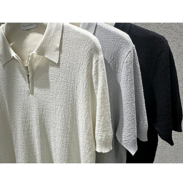 Men Summer Short Sleeve Half Zip Polo Shirt Old Money Style Knitted Jacquard Solid Color Smart Casual Top