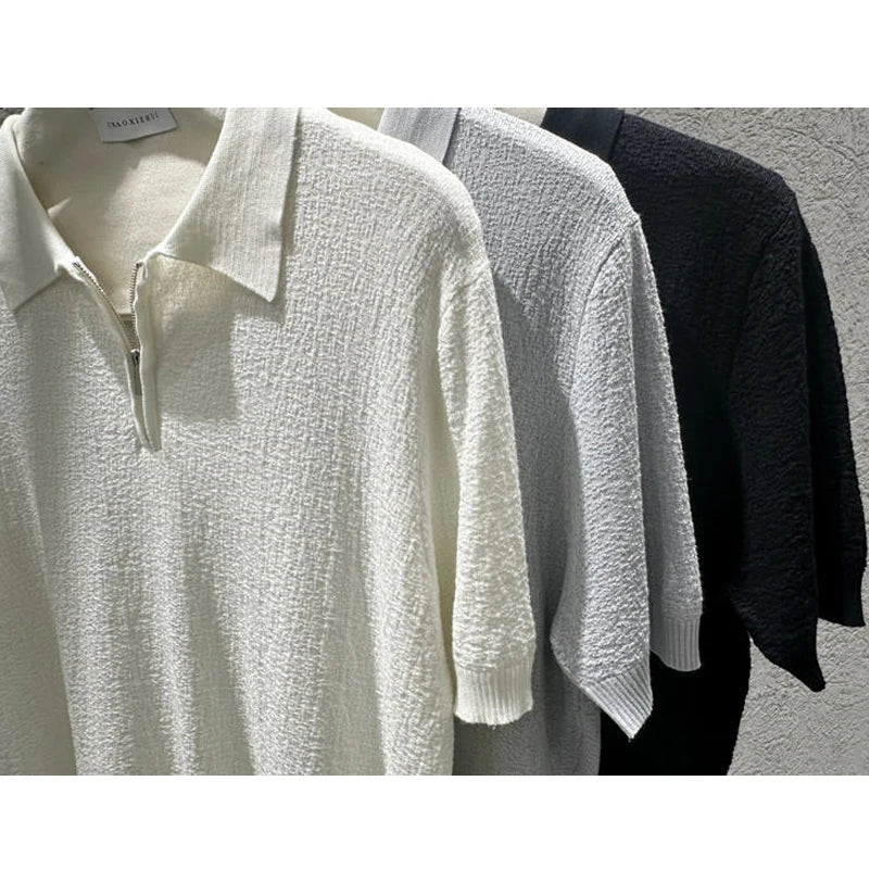 Men Summer Short Sleeve Half Zip Polo Shirt Old Money Style Knitted Jacquard Solid Color Smart Casual Top