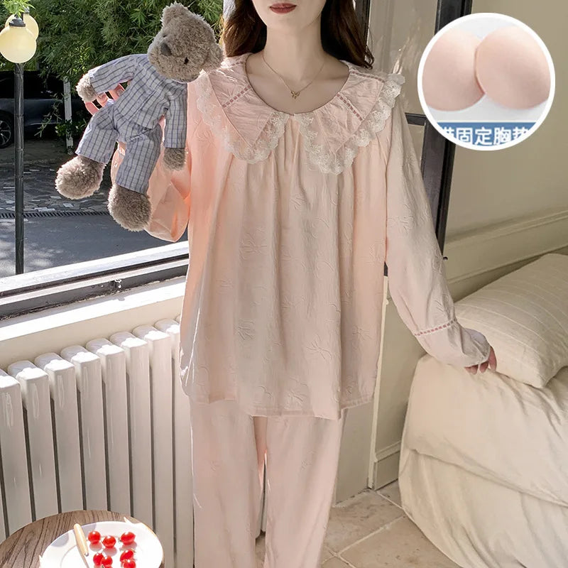 Korean Casual Women's Pajamas Set Sweet Cotton Nightwear Spring Autumn Sleepwear For Sleeping Bra Pad Home Suit For Women