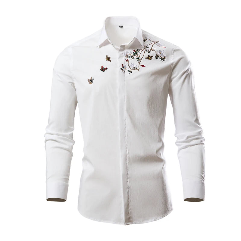 2026 New Men's Black Embroidered Long Sleeve Shirt, Black Single Breasted Lapel Casual Shirts, Asian Size M-6XL